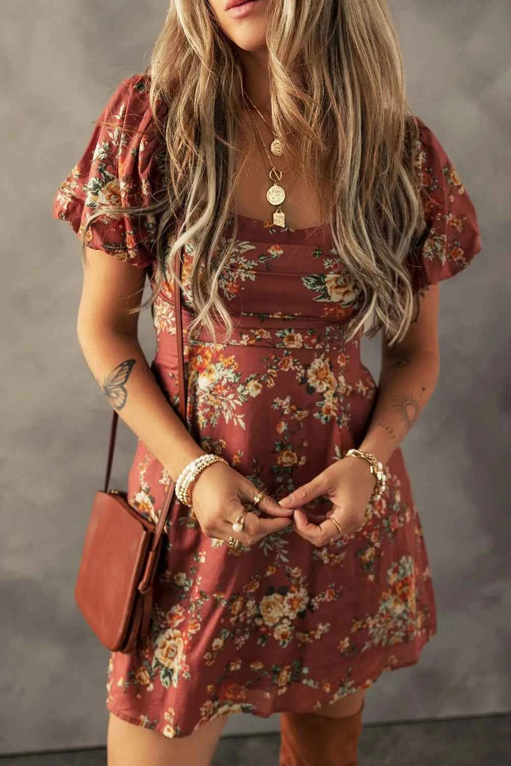 Floral Puff Sleeve Square Neck Knot Open Back Mini Dress 2944e1b3-b8c3-430b-8a82-96072556b1c5-Max-Origin