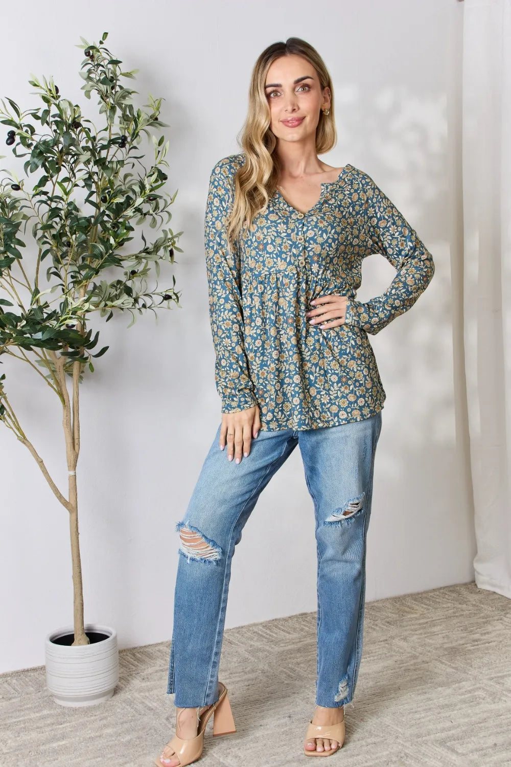 Heimish Full Size Floral Half Button Long Sleeve Blouse 2960c272d6be49c09af89980ffa5c187-Max