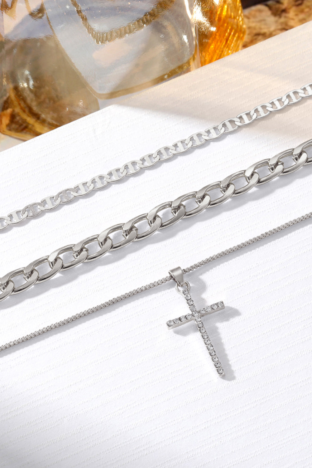 Silvery Rhinestone Cross Pendant Multi Layer Stacked Chain Necklace 29780762cbdb8a78