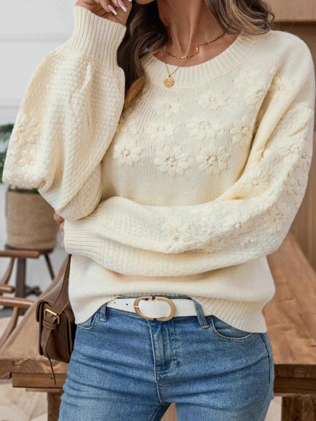 Flower Round Neck Long Sleeve Sweater 29805101c5aa47769a8a36e6e5248379-Max-Origin