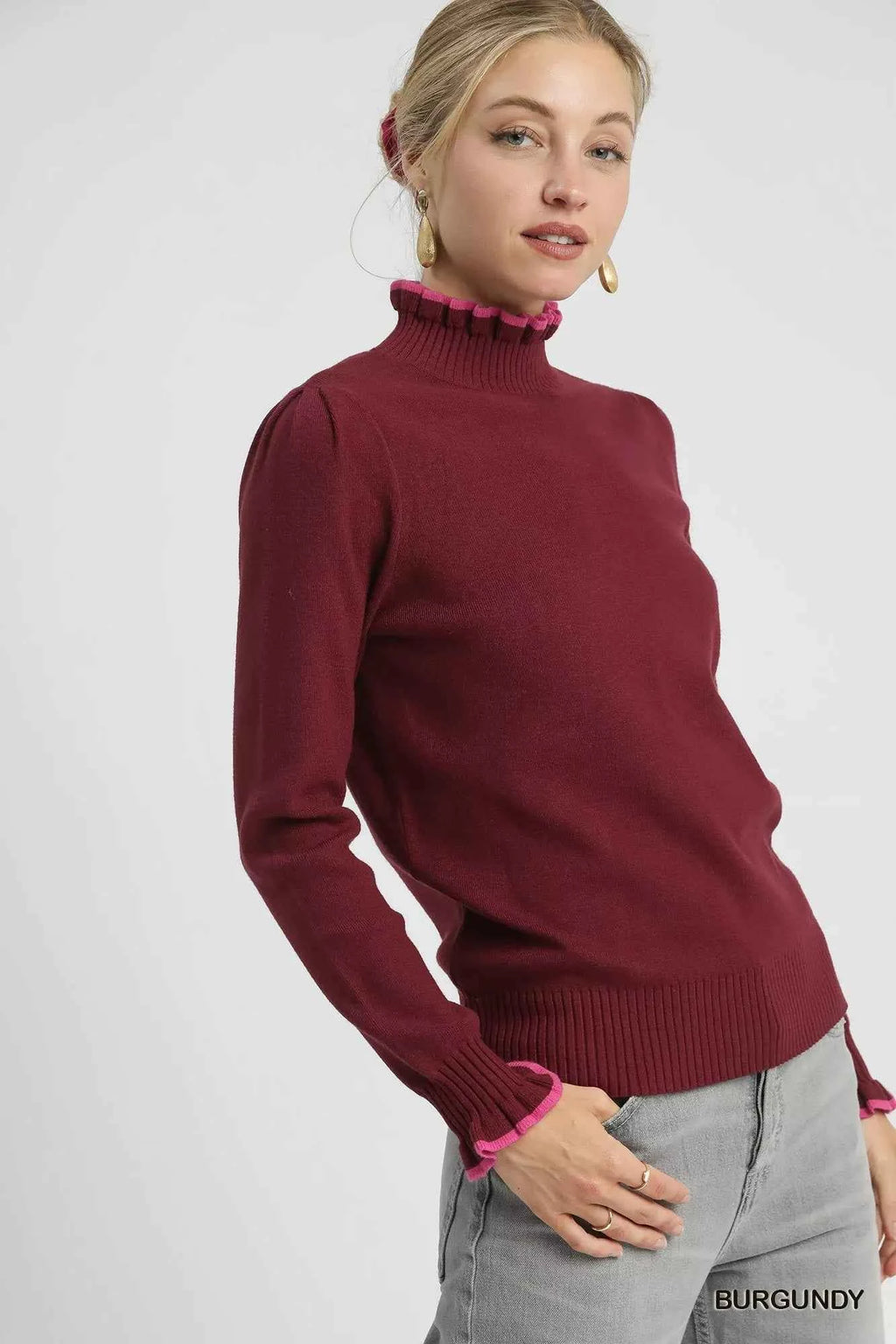 Umgee Ribbed Round Neck Sweater with Ruffle Contrast Trim 2987bb0c-111b-46fe-ab6a-19e37bb9b98c-Max-Origin