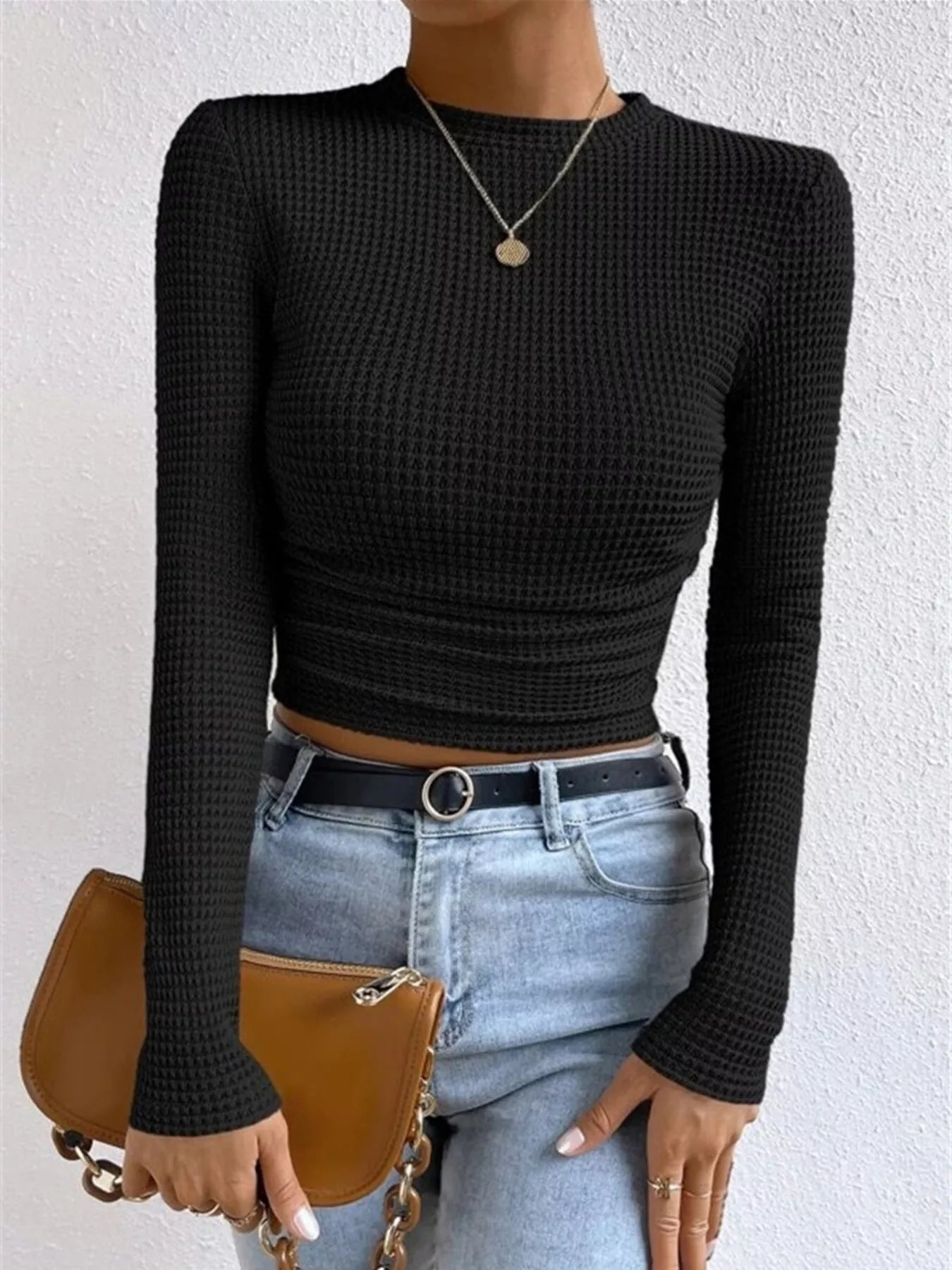 Waffle Knit Long Sleeve T-Shirt Black 298b719faa9b410bb8a36ee67790ab1f-Max-Origin