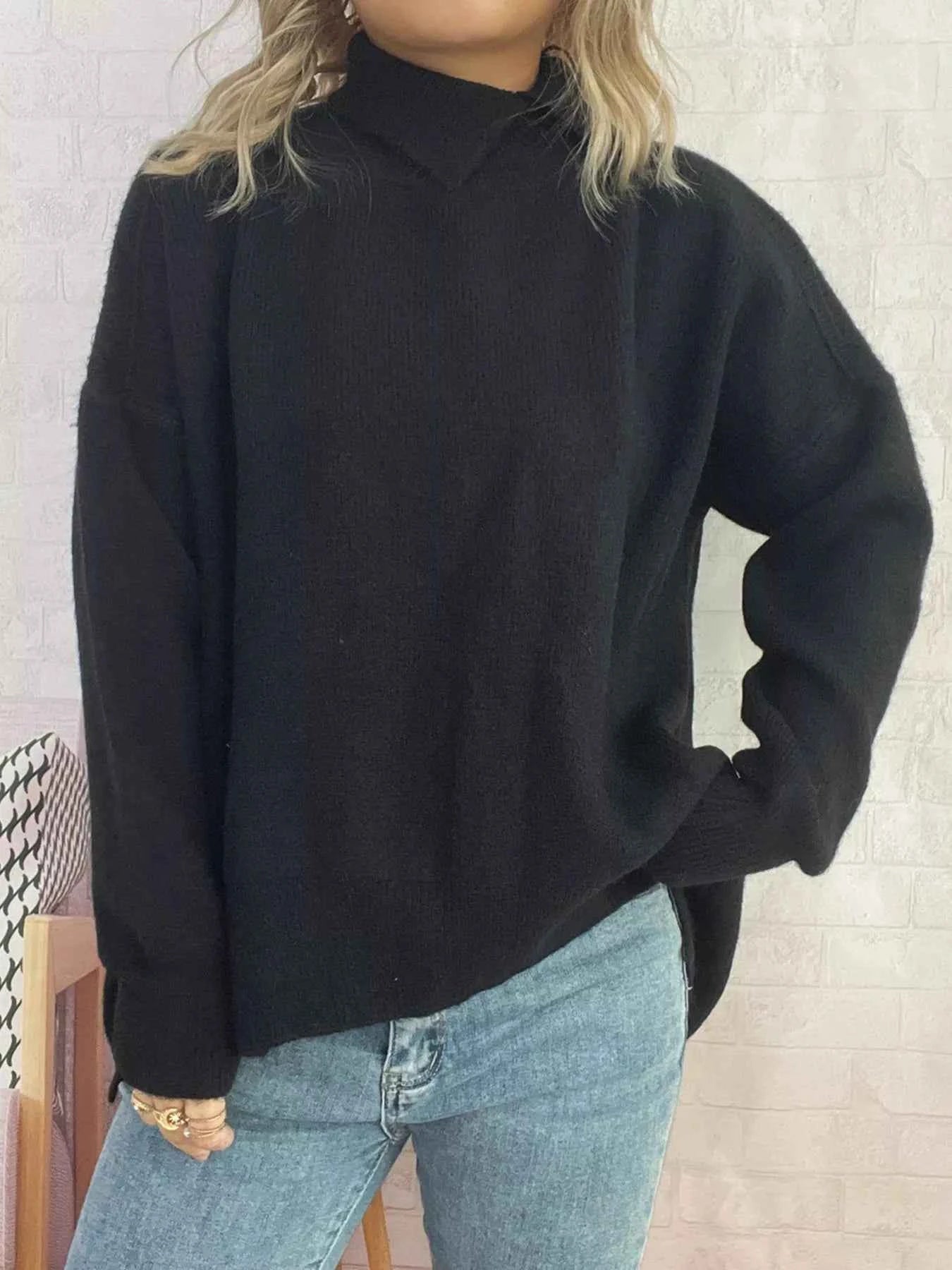 Slit Turtleneck Long Sleeve Sweater 298e63458eb44936aa79131101d644e7-Max-Origin