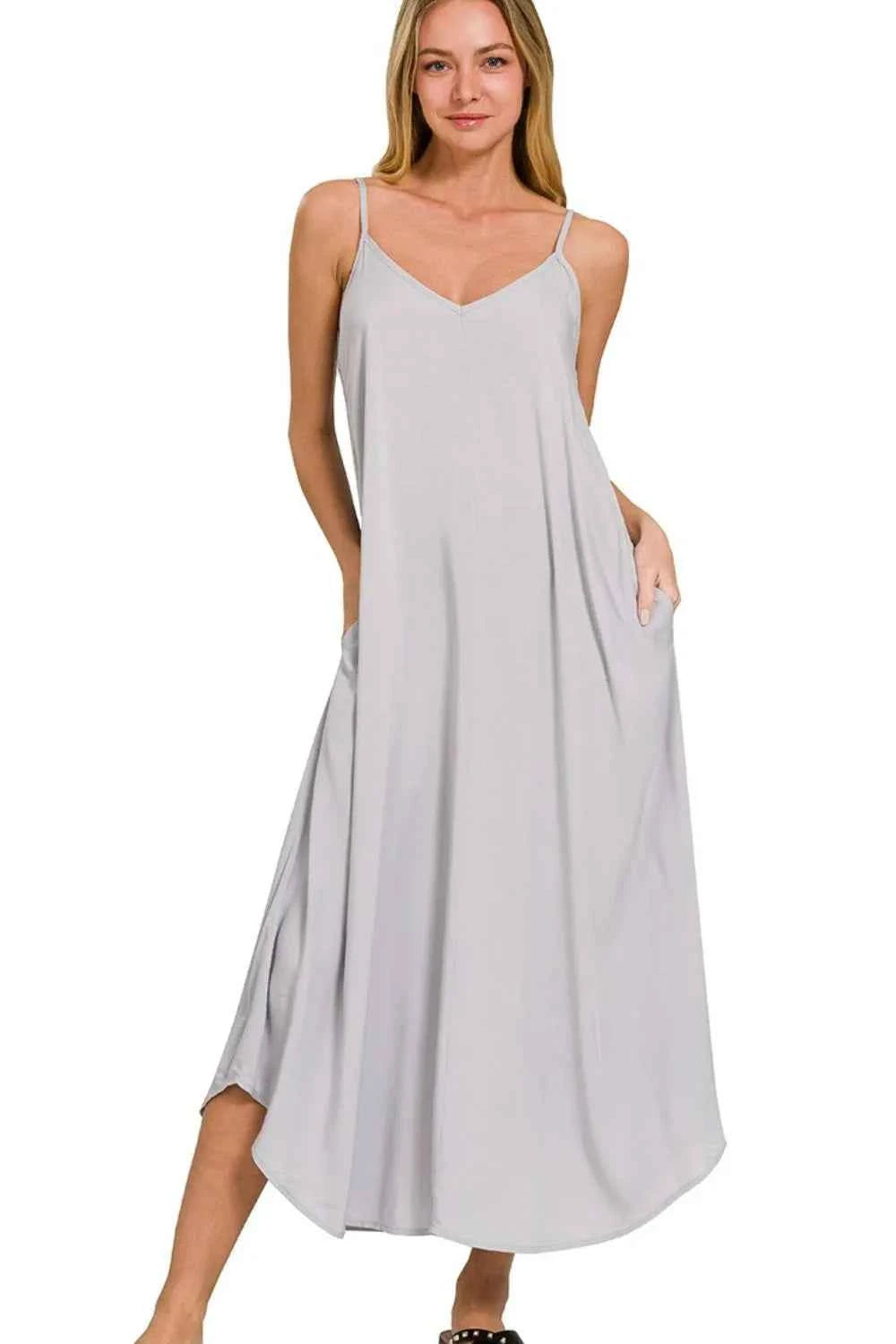 Zenana Woven Arc Hem Cami Dress With Flowy Pockets LT GREY 298ed453-375e-450b-8f9c-0d0d47d857c6-Max-Origin