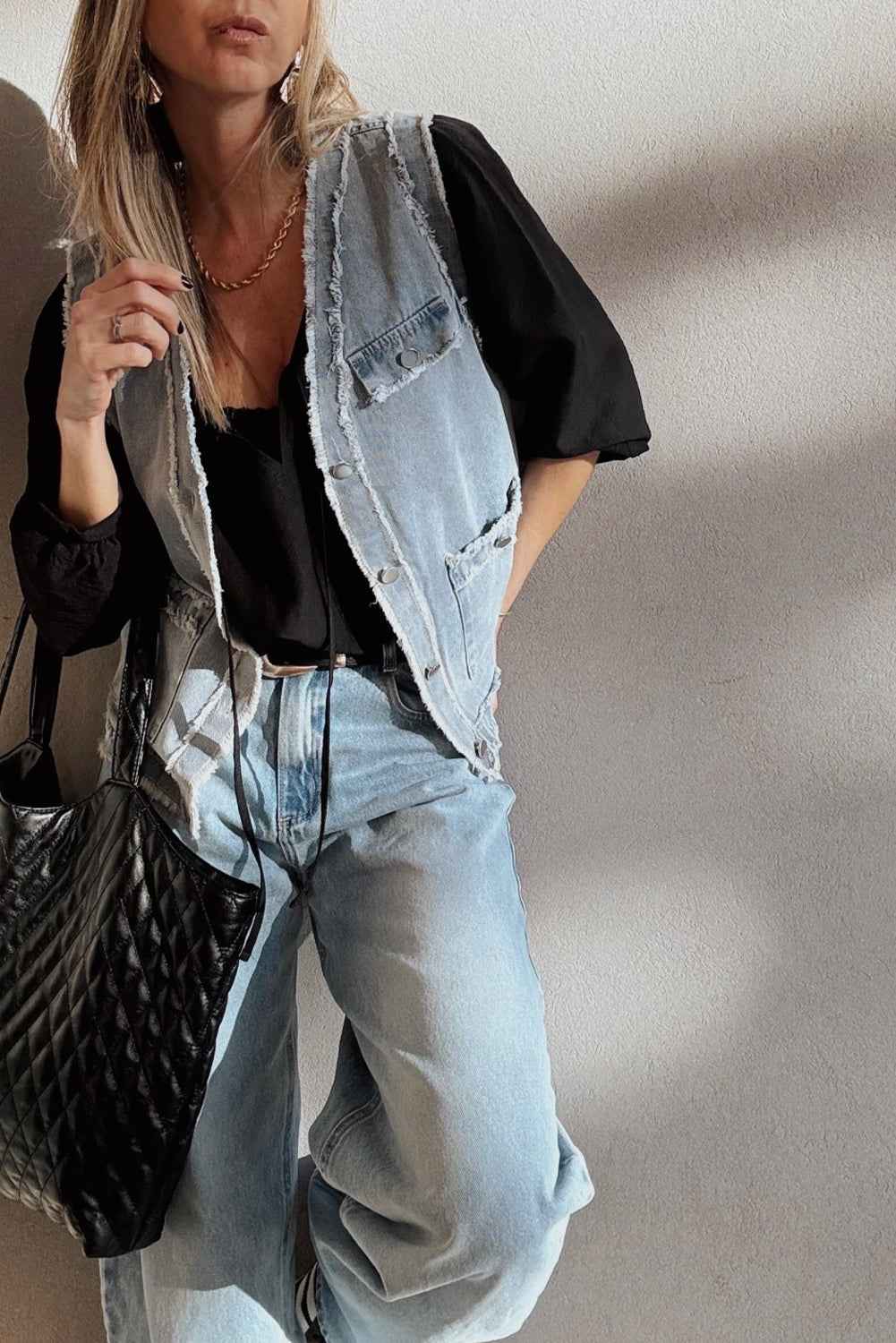 Beau Blue Frayed Edge Flap Pockets Denim Vest Jacket 298ffbbb259efd49