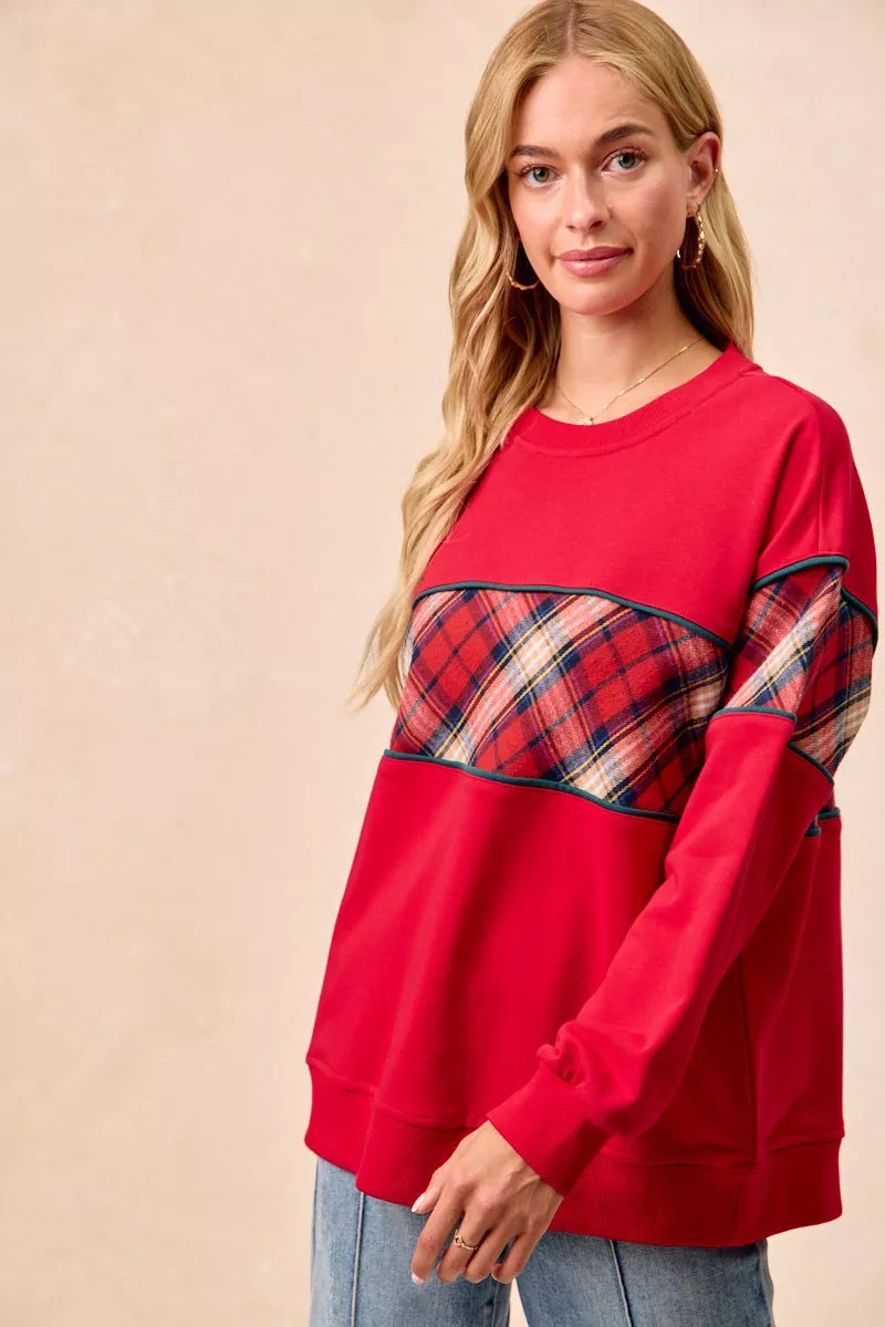 BiBi Christmas Theme Plaid Block Sweatshirt with Binding 299621d285674265bdb103d63f41aff1-Max-Origin