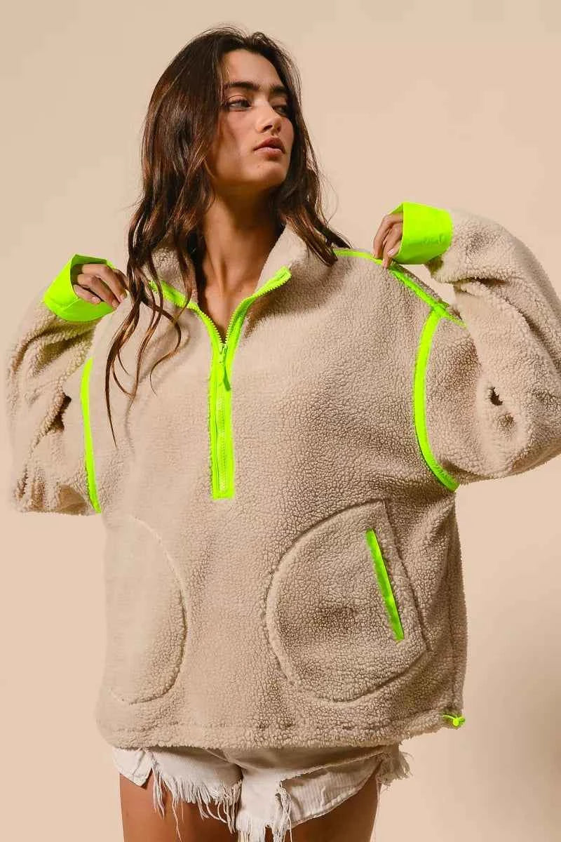 BiBi Contrast Edge Half Zip Up Sherpa Jacket 29a3692d6f044b20a0f4e34e33992f29-Max-Origin