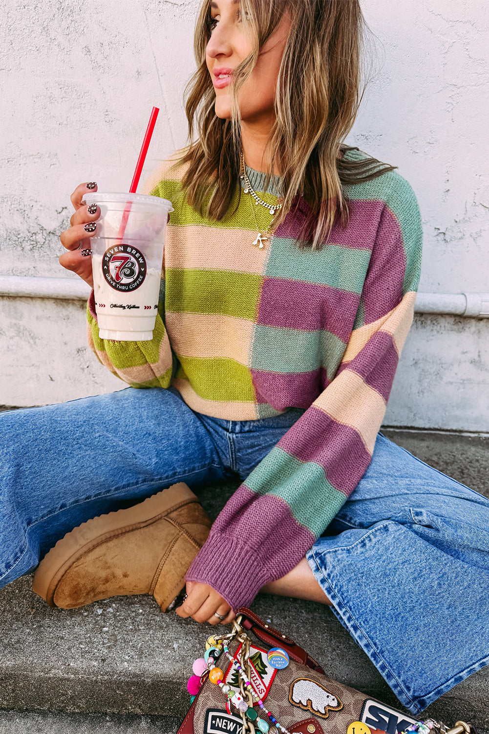 Green Stripe Colorblock Drop Shoulder Ribbed Edge Sweater 29a689dc39e28f50