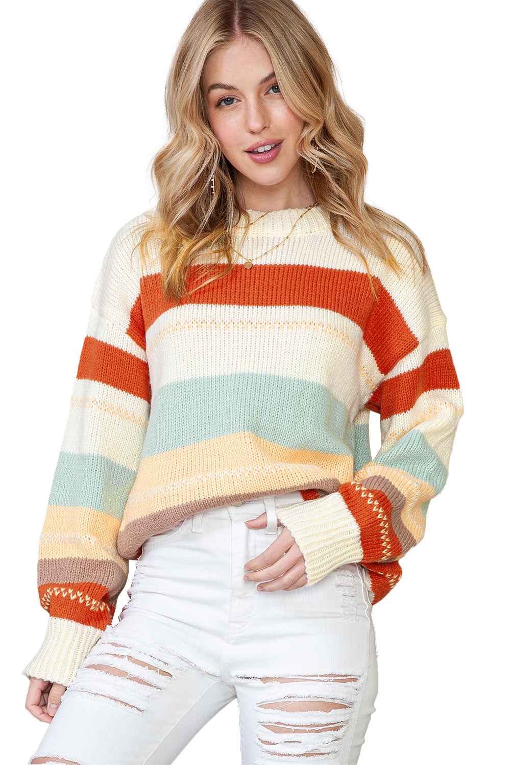 White Striped Color Block Drop Shoulder Knit Sweater Stripe 100%Polyester 29aa4d855e12e75b