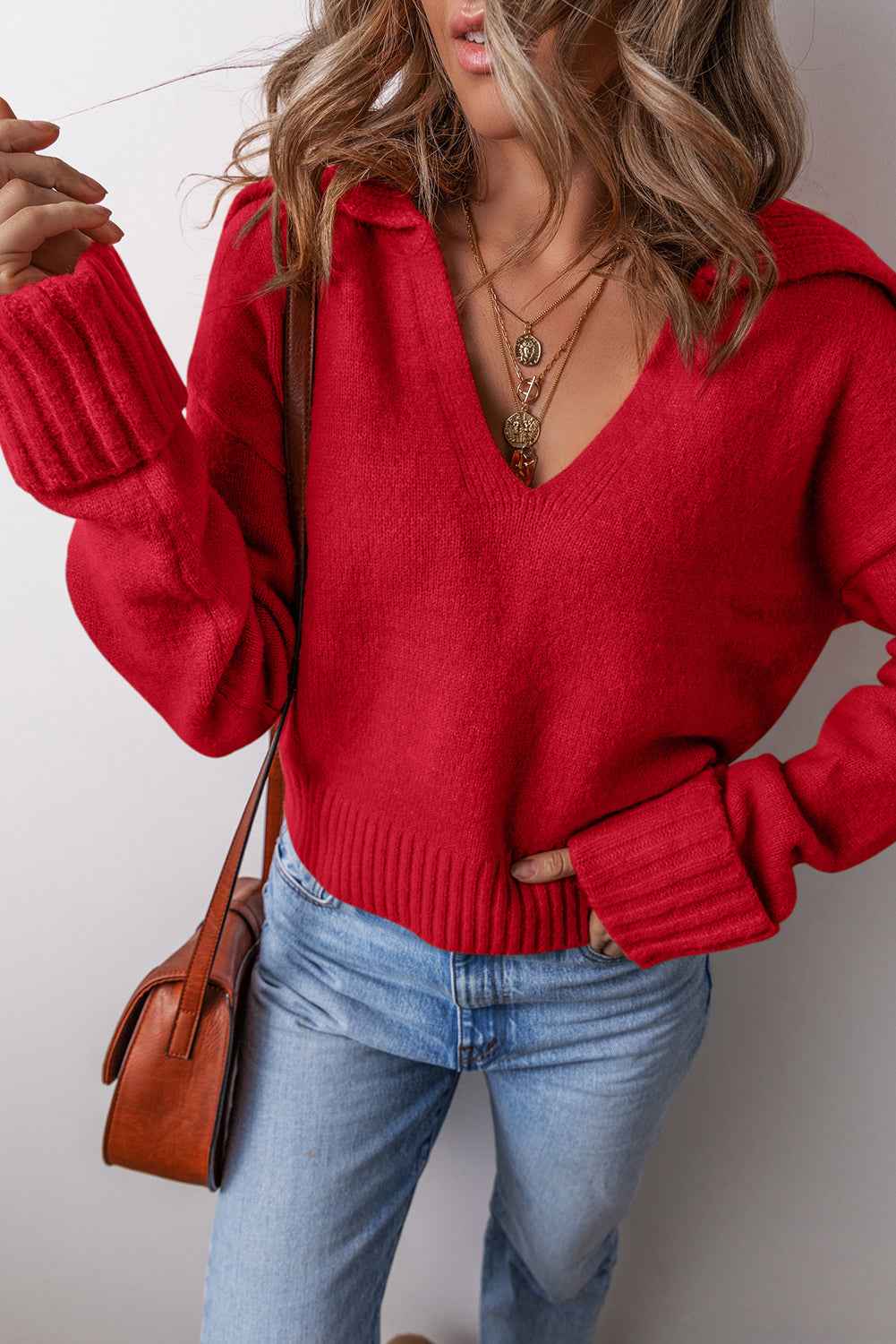 Racing Red Ribbed Edge Collared V Neck Loose Fit Sweater 29b54307c039a5c4