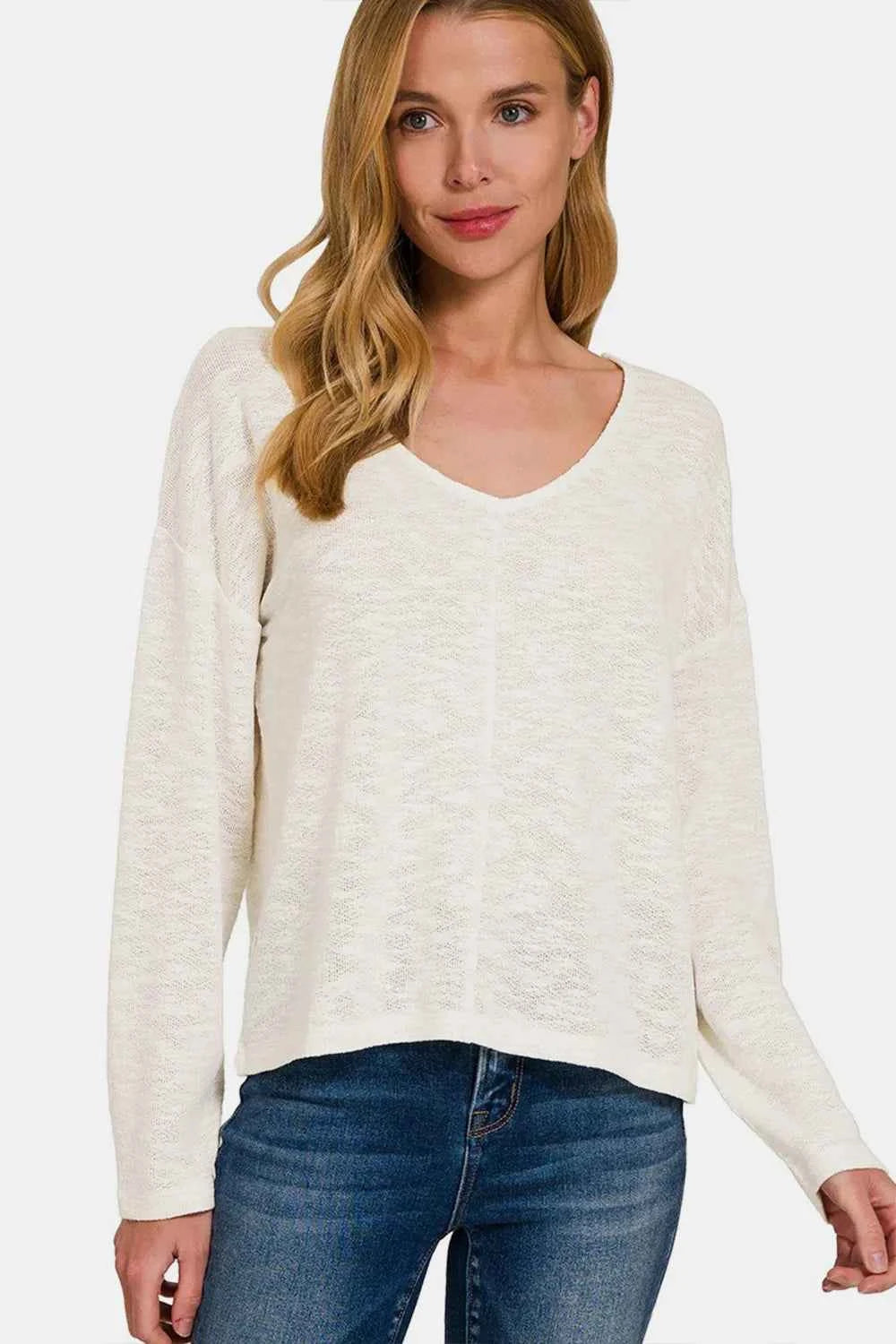 Zenana V-Neck Dropped Shoulder Long Sleeve T-Shirt Ivory 29bd8d9a-1e87-4855-9448-7e16212cdbac-Max