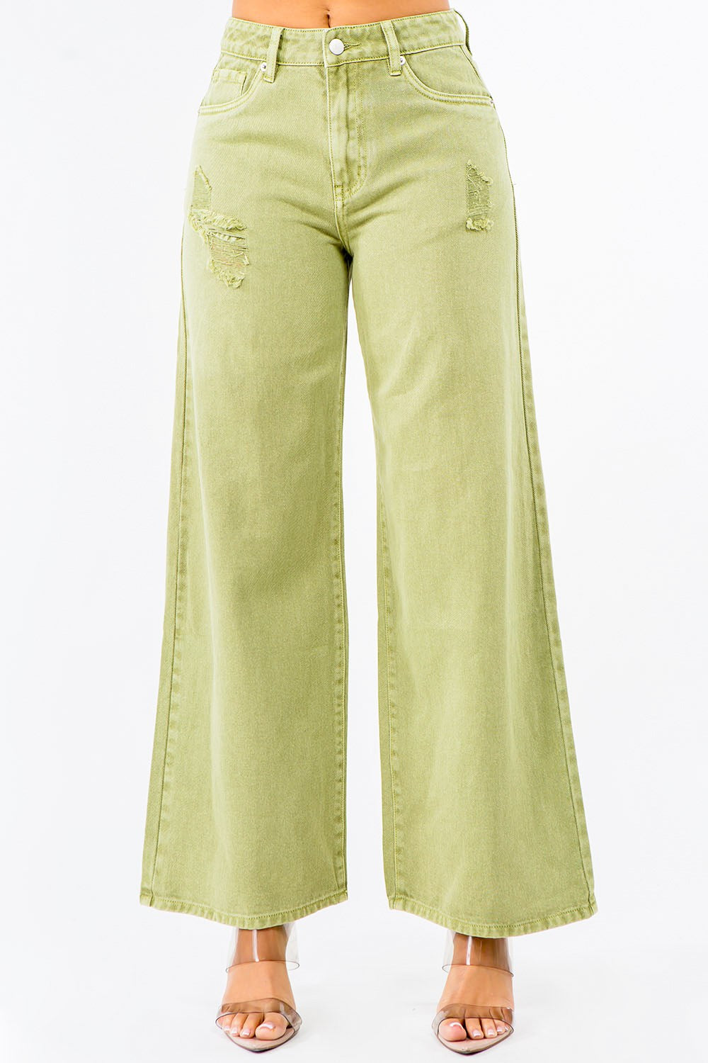 American Bazi High Waist Distressed Wide Leg Jeans Yellow-Green 29d6f013-fa48-433a-9712-4defef39d0cc-Max