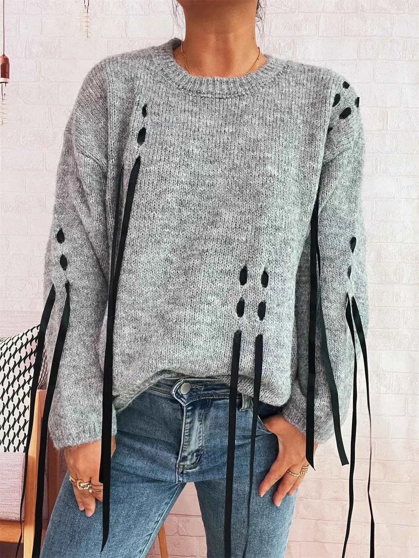 Round Neck Long Sleeve Sweater with Ribbon Details 29dcdf52da39436ab6e23987586acc64-Max-Origin