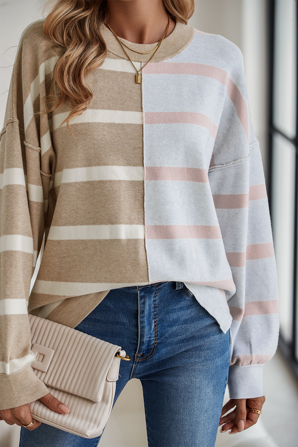 Blue Stripe Exposed Seam Patchwork Loose Sweatshirts 29ff0cbbb19c6e34