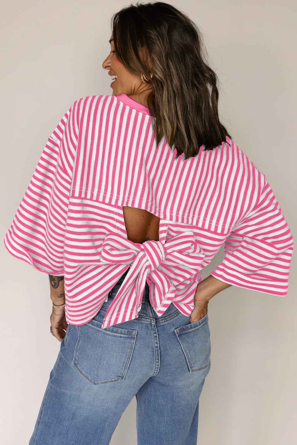 Red Striped Bowknot Backless T-Shirt 2a001dd1530ad279