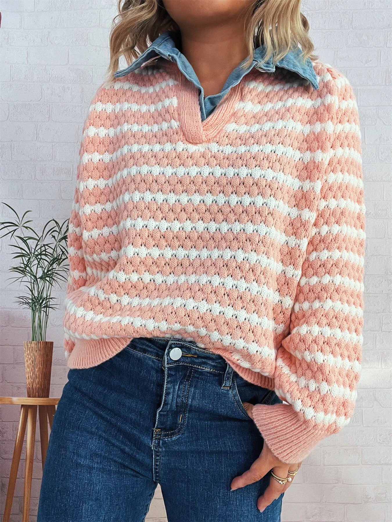 Contrast Striped Sweater with Denim Collar Pink One Size 2a012098394045f28b8c3d8ac5aed000-Max-Origin