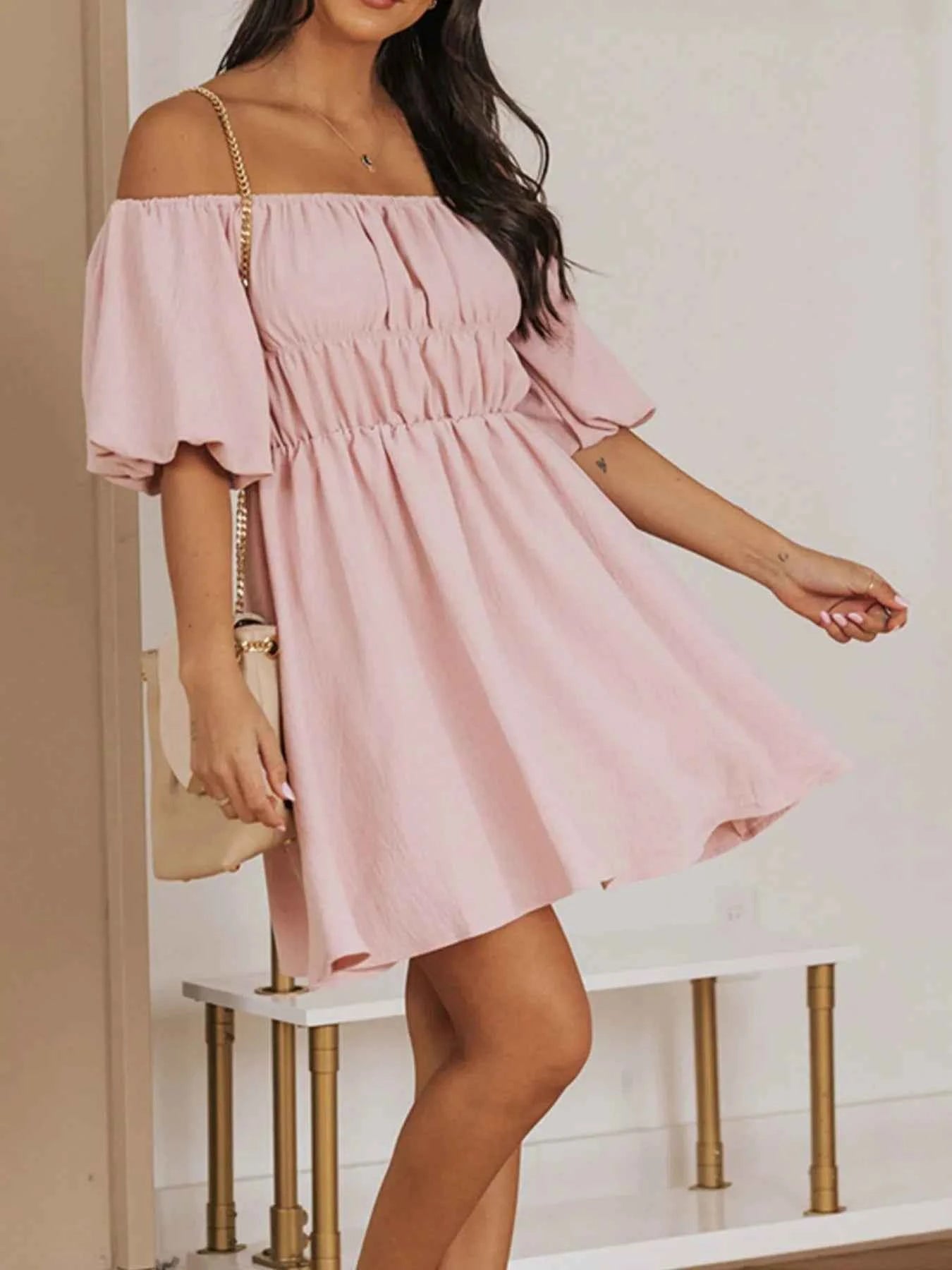 Off-Shoulder Puff Sleeve Mini Dress 2a1b6b20-5c15-47d1-ad38-de3b808672aa-Max-Origin