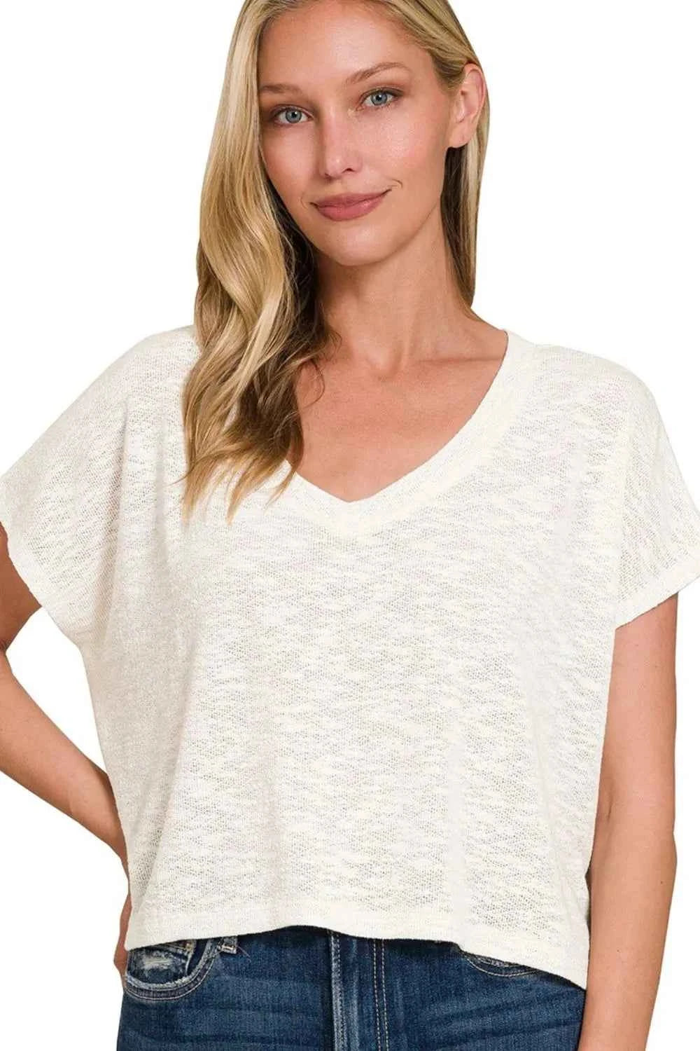 Zenana Hacci Slub V-neck Drop Shoulder Crop Top IVORY 2a1cfa38-5bc9-459a-9011-edb84058c673-Max-Origin