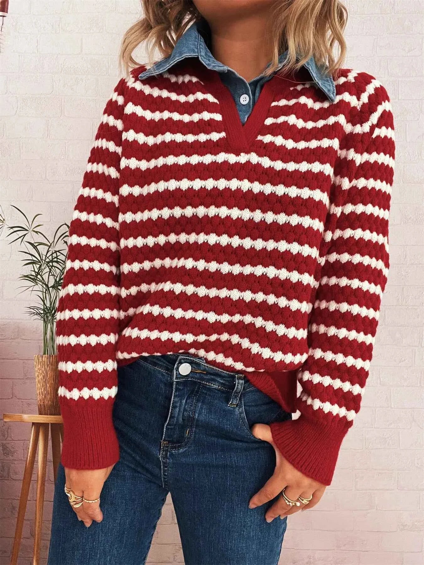 Contrast Striped Sweater with Denim Collar Red One Size 2a1dc724c26d4ee58a43c3afd80fdef6-Max-Origin