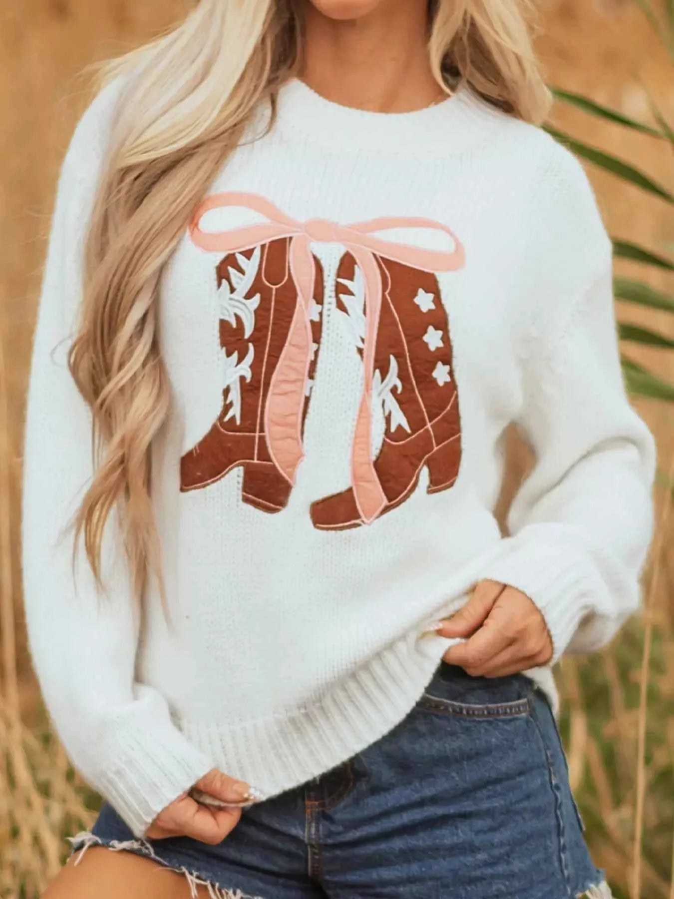 Embroidered Bow Boots Graphic Drop Shoulder Sweater 2a269e6e555c4a3fbb0824fc529baf7b-Max-Origin