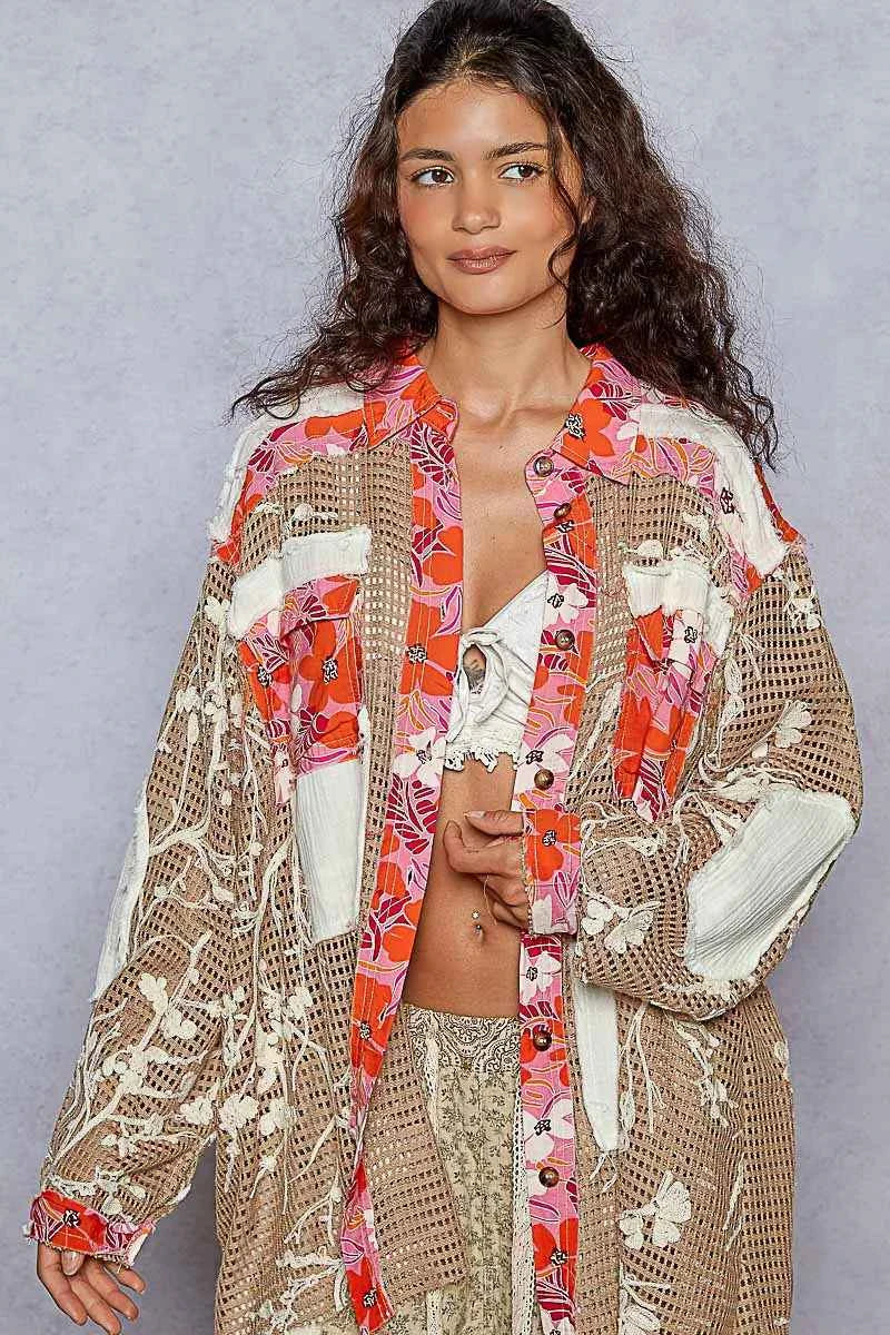 POL Floral Print Crochet Button Up Shirt CHOCOLATE 2a45bd30-c890-48d6-8d9e-8539d17fca45-Max-Origin