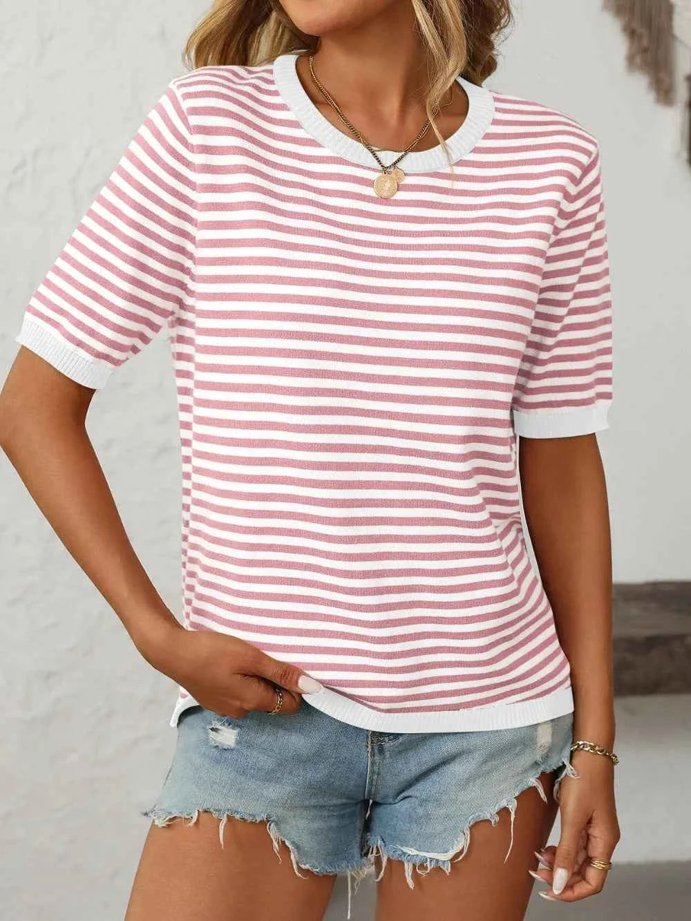 Mandy Striped Round Neck Half Sleeve Knit Top 2a527d96-0960-415f-9281-347add46fae1-Max