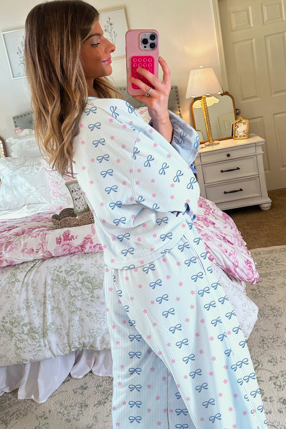 Sky Blue Stripe Bow Star Print Tied Detail 2pcs Lounge Set 2a57ea198e1624cb