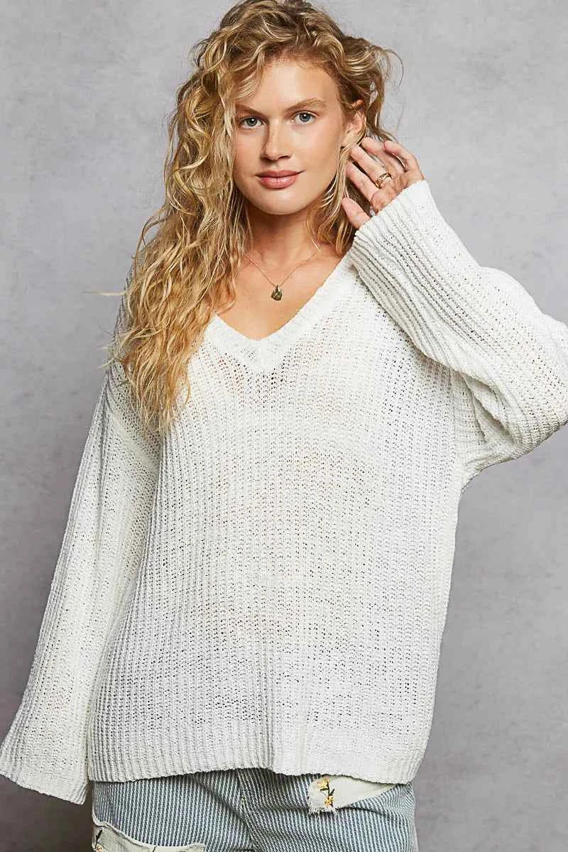POL Oversized V-Neck Knit Top Ivory 2a66b9ae-cc5c-4c28-8d14-48a9993907fa-Max-Origin