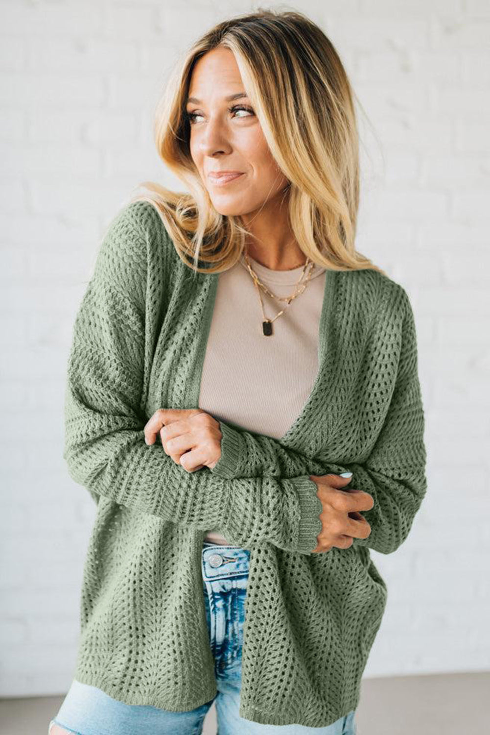 Green Bay Scalloped Edge Eyelet Knit Batwing Sleeve Cardigan 2a7950a11ca0a841