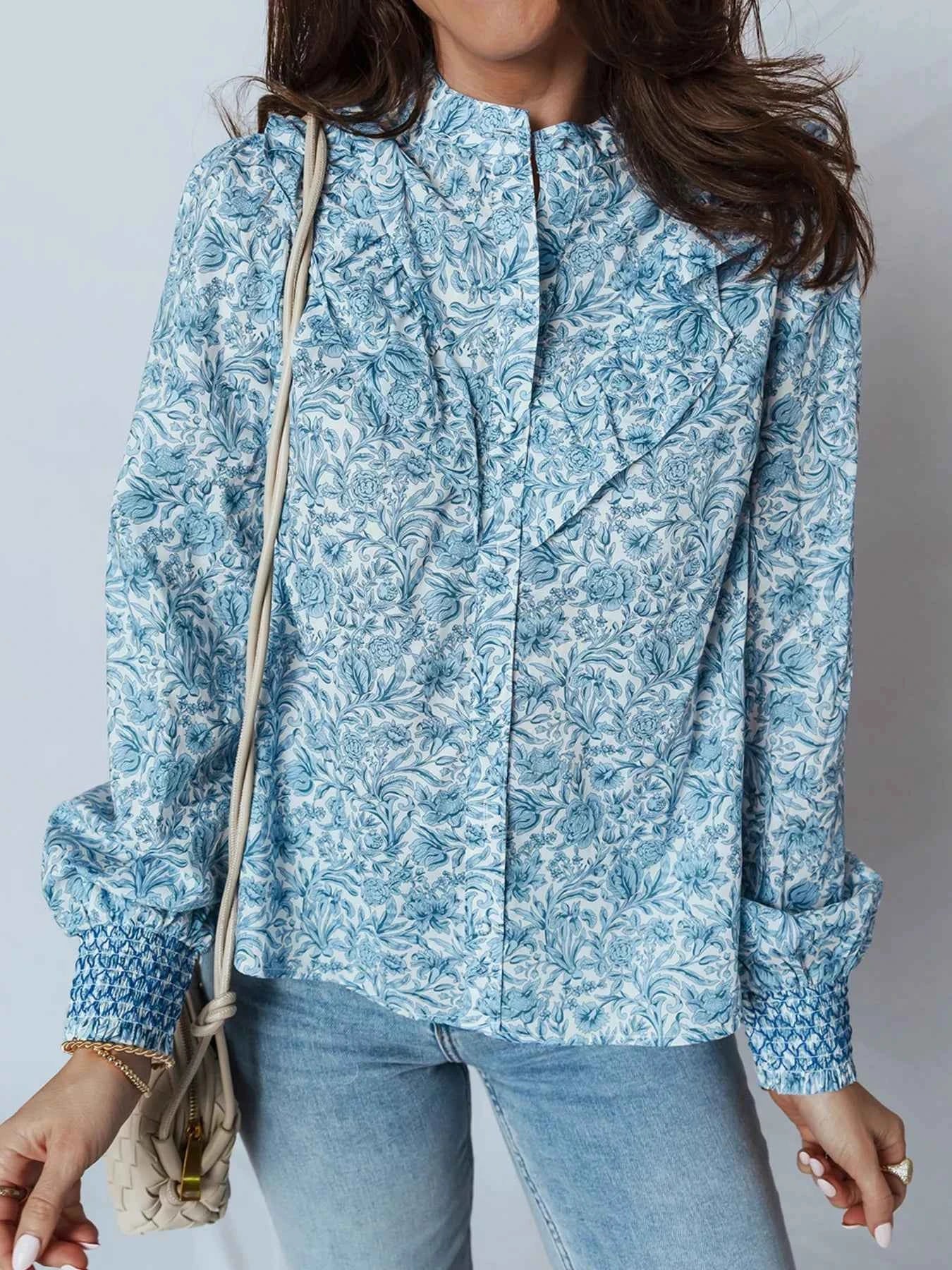 Floral Button Up Puff Sleeve Shirt Pastel Blue 2a7a7cdfe772406d97e99fc6a42dfd0a-Max-Origin