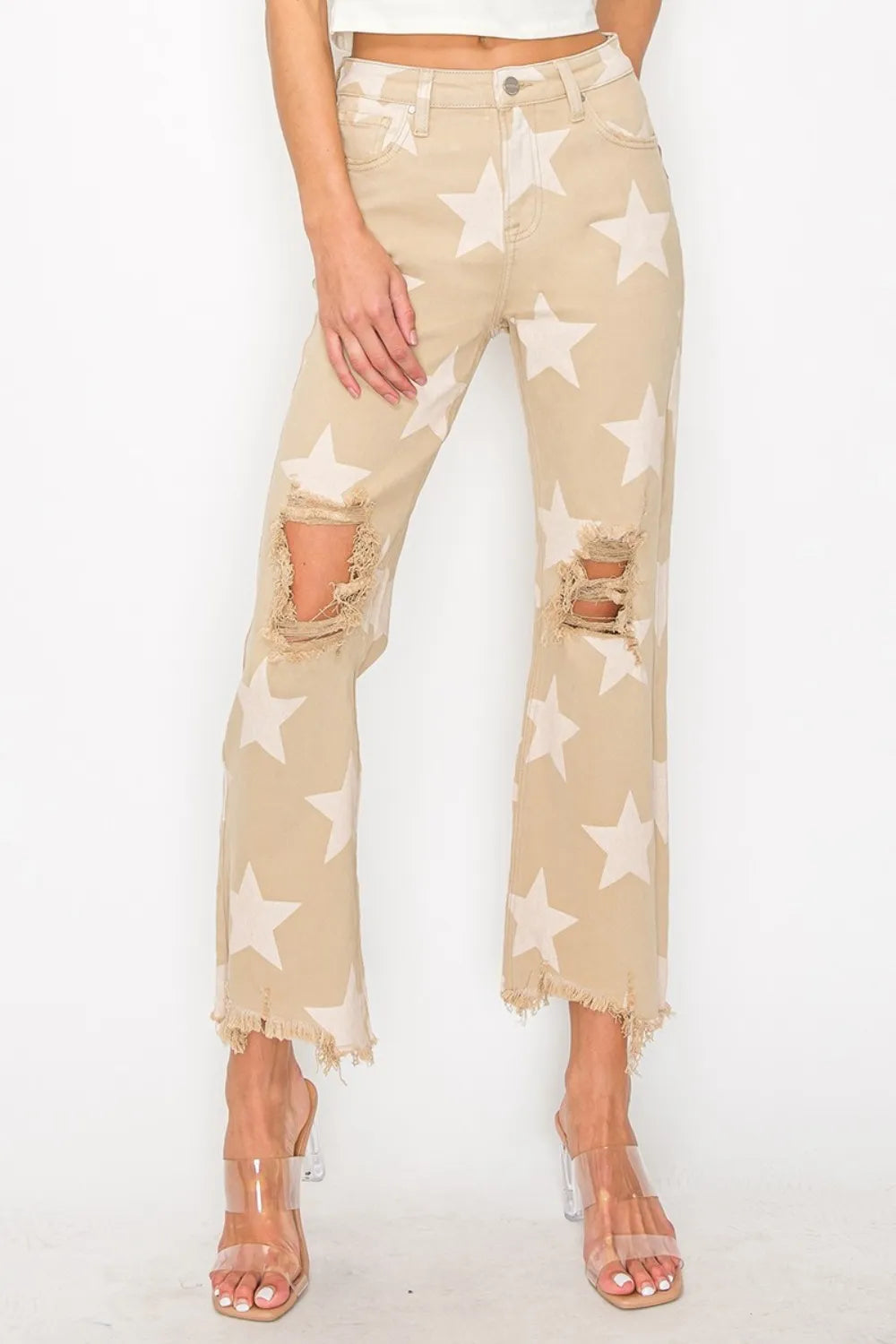 RISEN Full Size High Rise Star Printed Frayed Hem Jeans Khaki 2a81b969-94bc-44df-920a-79c3f51a152b-Max