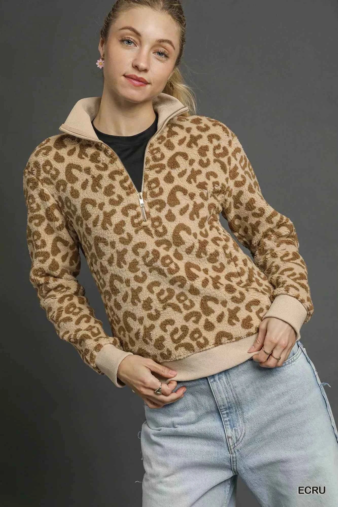 Umgee Leopard Print Quarter-Zip Sweatshirt ECRU 2a875158-2581-4bf8-907d-b750a34b2a4b-Max-Origin