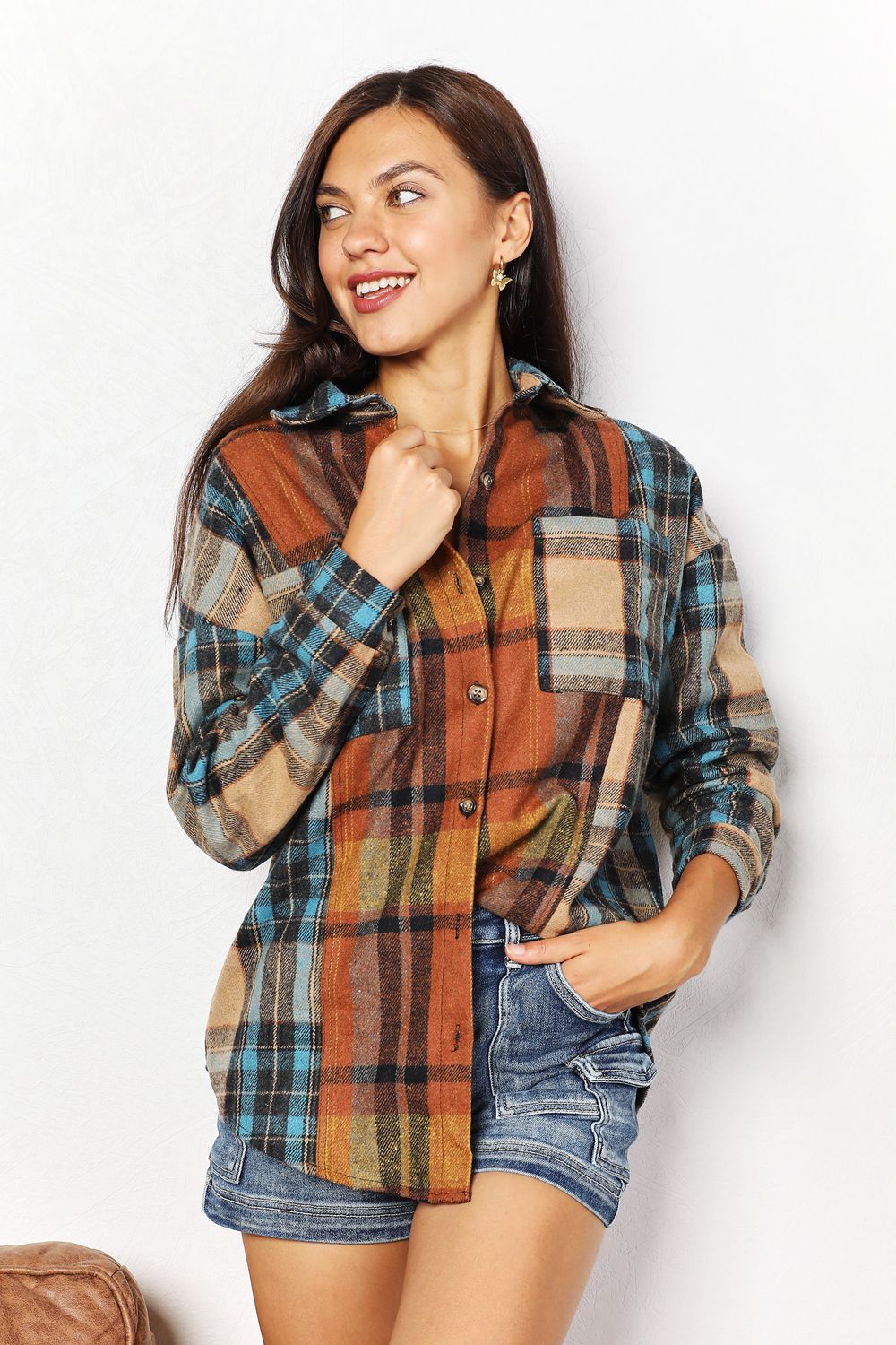Double Take Plaid Curved Hem Shirt Jacket with Breast Pockets Plaid 2a9db97f174548c9b618009e0cf9b2b9-Max
