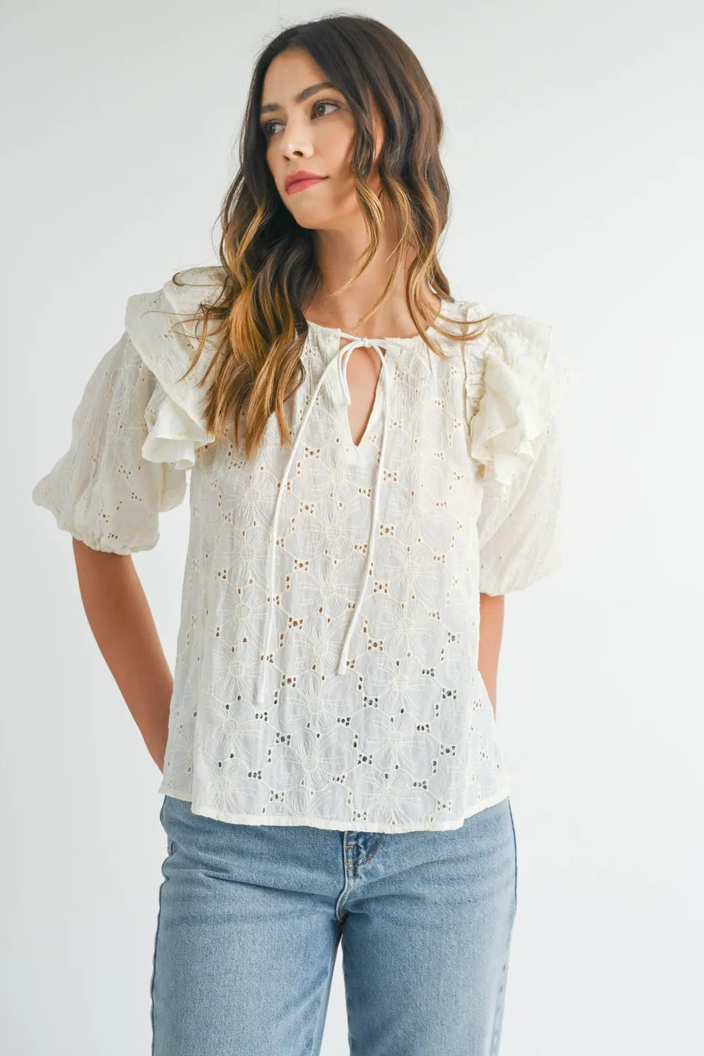 MABLE Eyelet Lace Ruffle Shoulder Puff Sleeve Blouse Cream 2a9e5e6d-797a-4284-91aa-6d5774e21bc3-Max