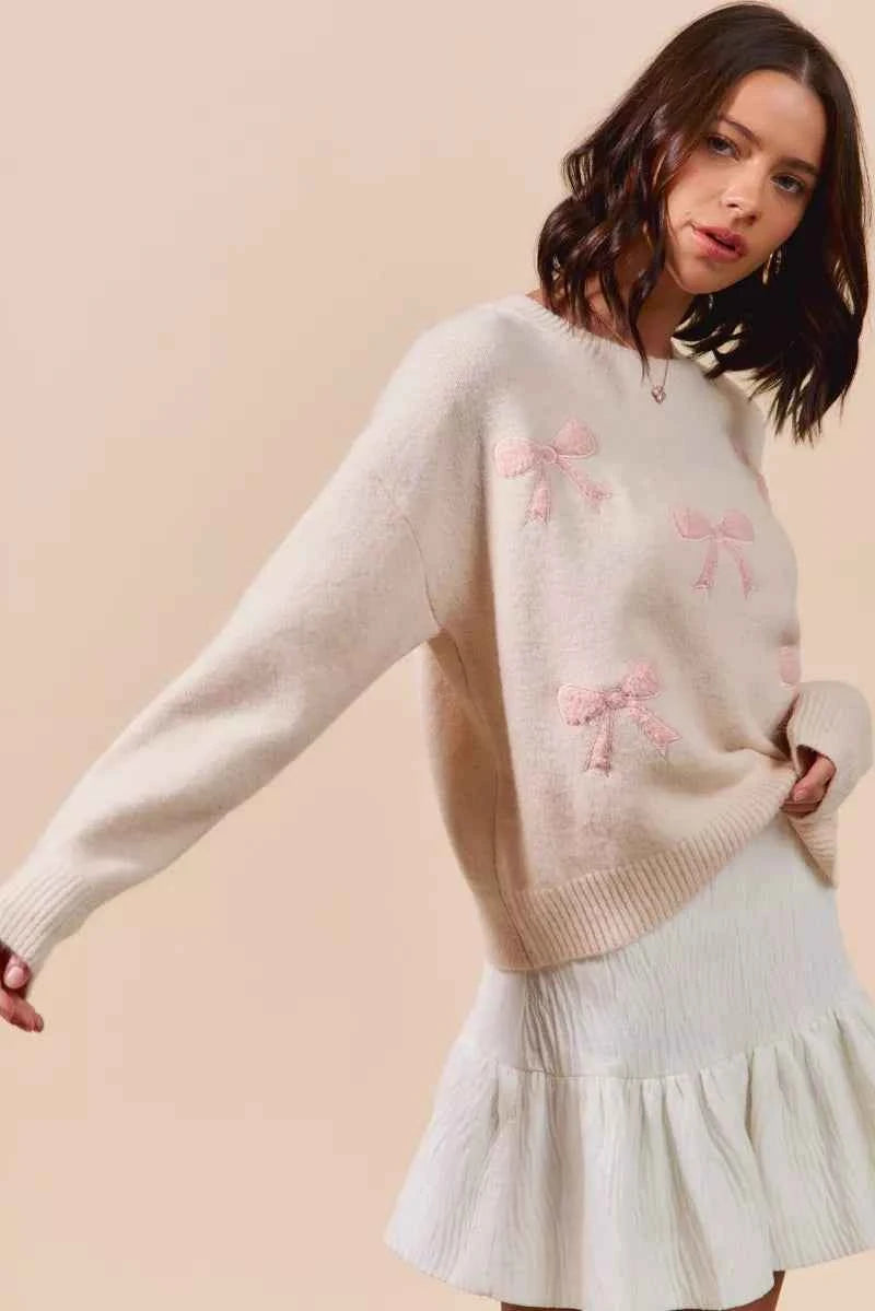 SO ME Embroidered Ribbon Round Neck Sweater 2ad557e4c6604e349cf3db649c77c7ed-Max-Origin