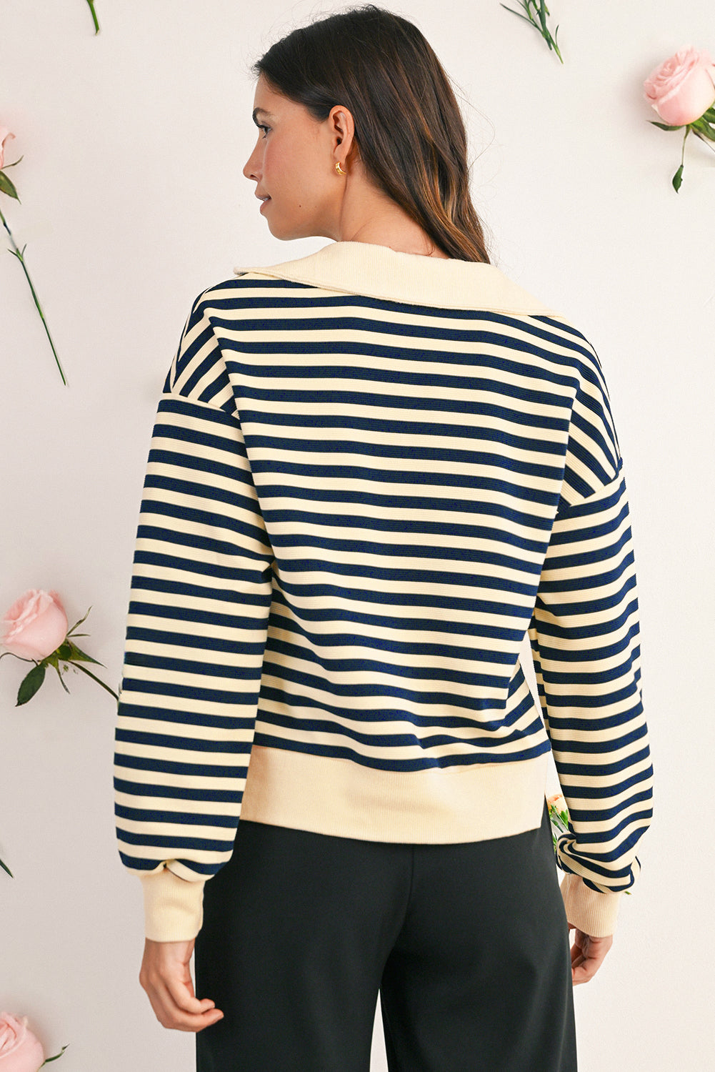Blue Striped Long Sleeve V Neck Top 2ad9aab44621b799