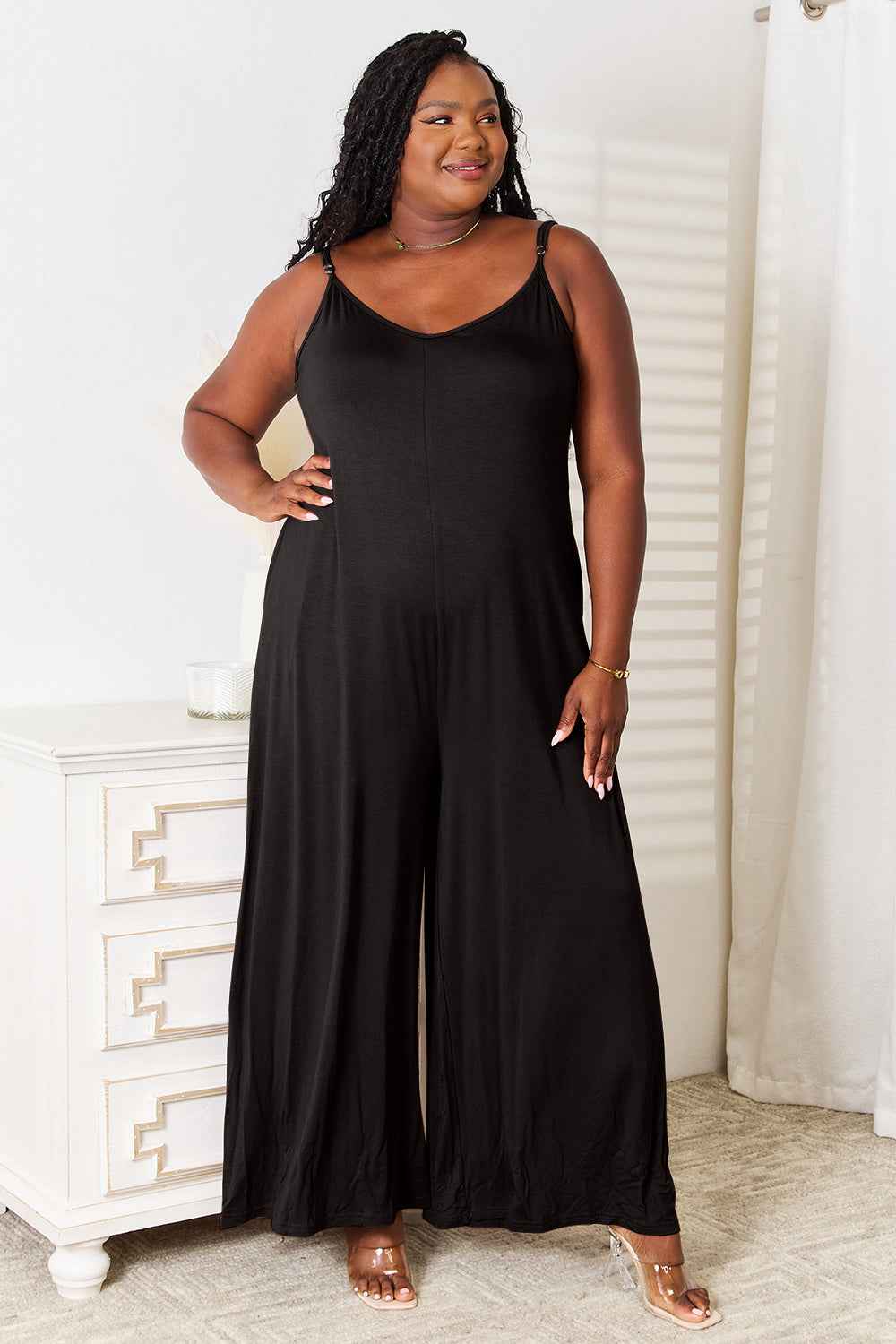 Double Take Full Size Soft Rayon Spaghetti Strap Tied Wide Leg Jumpsuit Black 2ae919db75f94ba8929913504c079295-Max