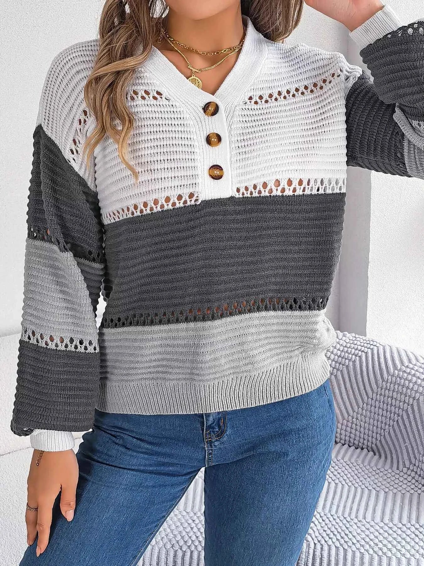 Color Block Striped V-Neck Button Detail Sweater 2aef4f7ddc154c509c6611b0b5e29e41-Max-Origin