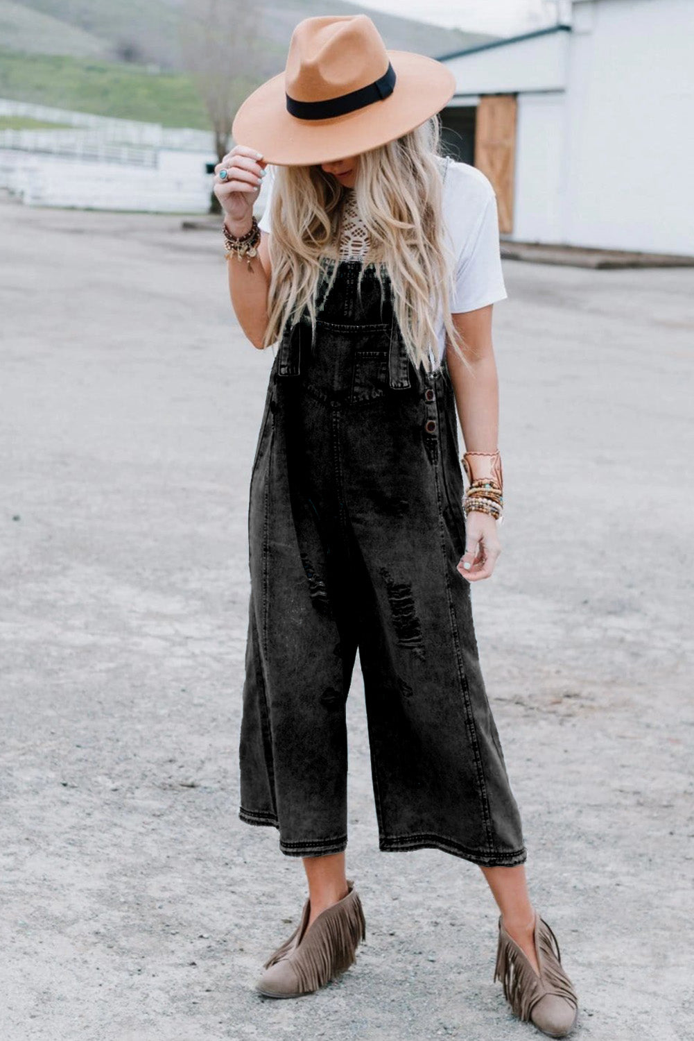 Black Distressed Bib Pocket Wide Leg Denim Overall 2af159f661ada5aa