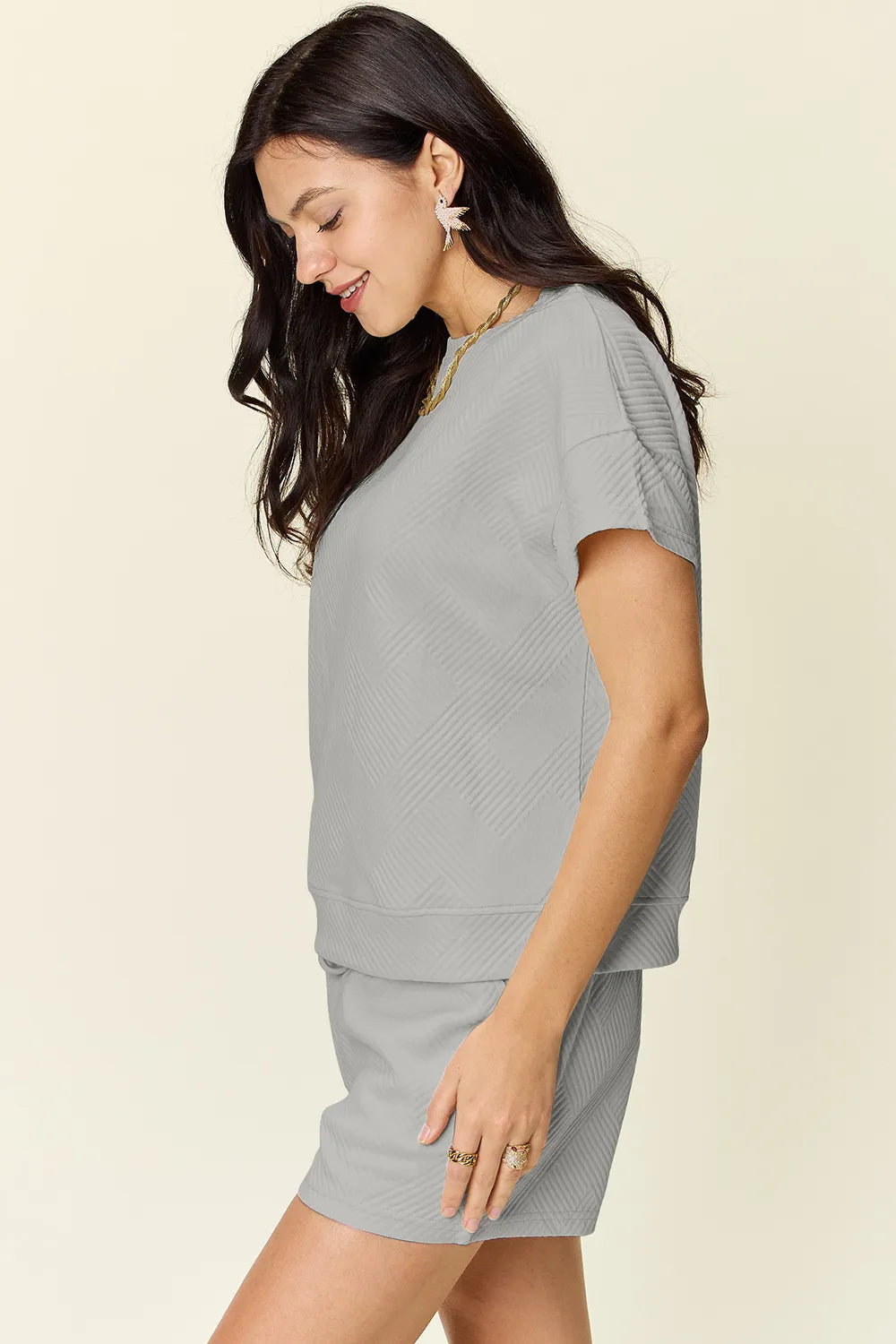 Double Take Full Size Texture Short Sleeve T-Shirt and Drawstring Shorts Set 2af7ed6a-accb-4374-a339-3aa6b86a43ea-Max