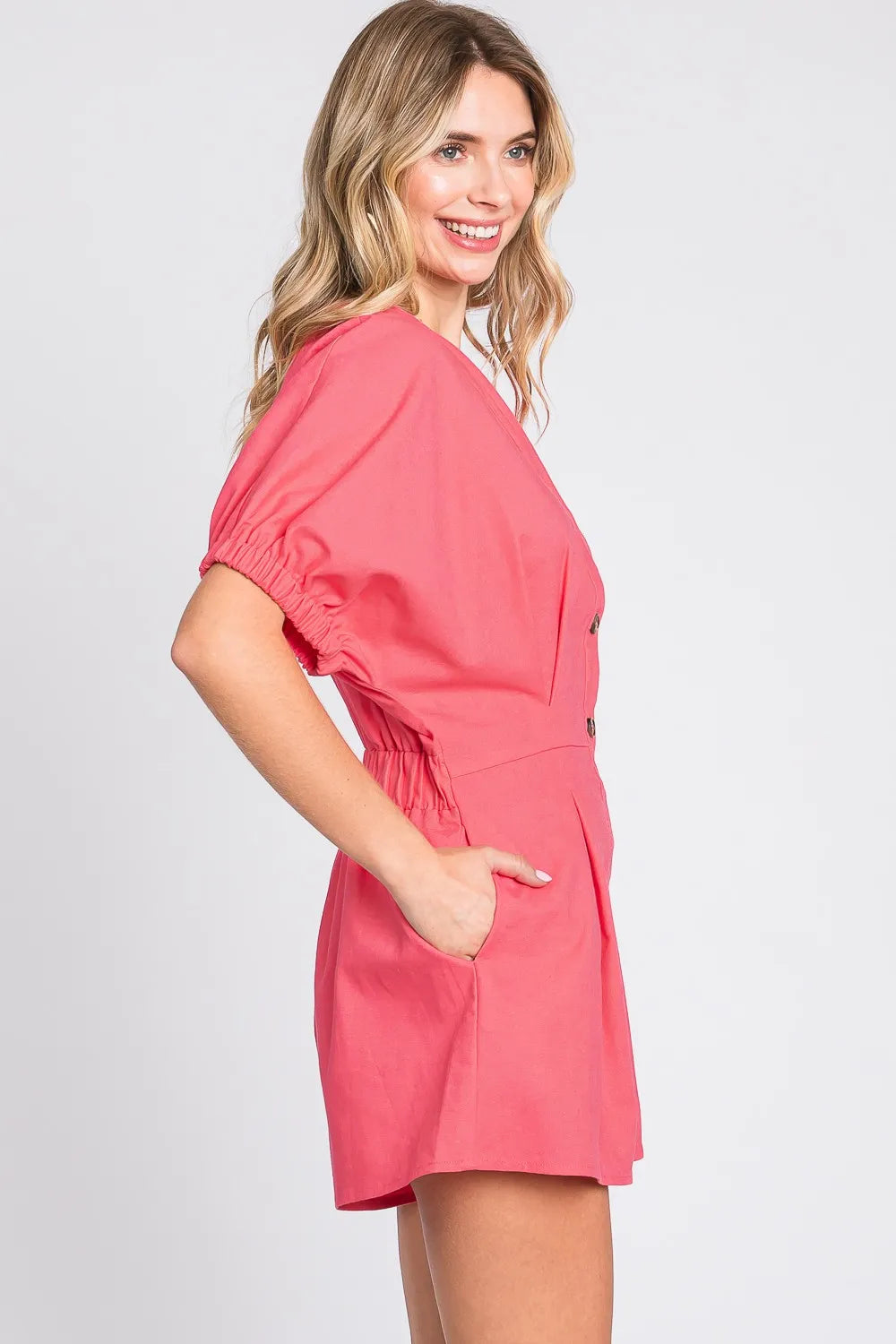 GeeGee Half Button V-Neck Linen Romper 2b240c8a-0055-4dfa-a6c0-79d9547a5118-Max