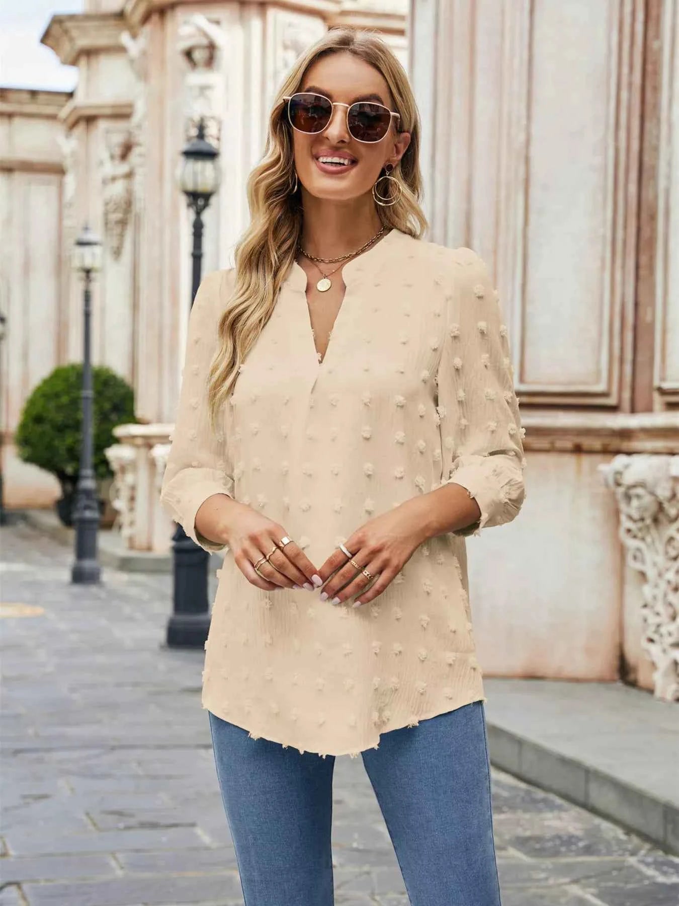 Swiss Dot Notched 3/4 Sleeve Blouse 2b2483f5c7e94e52a01cbe01b7b92d13-Max-Origin