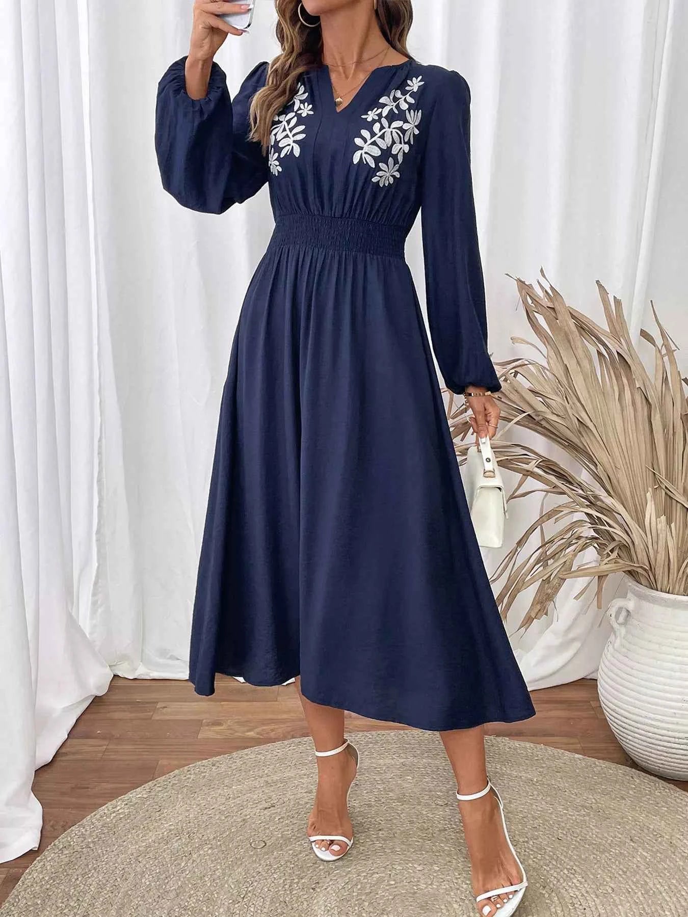 Embroidered Notched Long Sleeve Midi Dress Navy 2b25ea40129746f9b5c2999e0e9697b3-Max-Origin