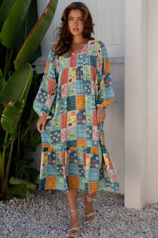 Floral Patchwork Long Sleeve Ruffle Hem Midi Dress 2b2b77e9-94d3-4bd2-918f-7c635d3aa081