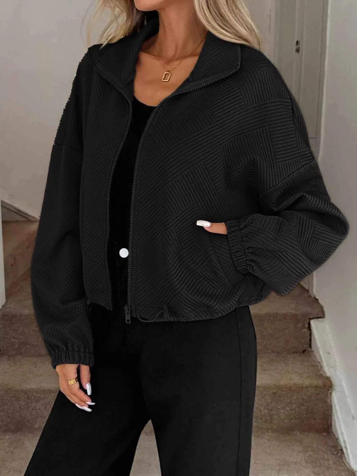 Drawstring Hem Textured Long Sleeve Jacket 2b2dbe4970d04f529ae5fce1d5bdb4d7-Max-Origin