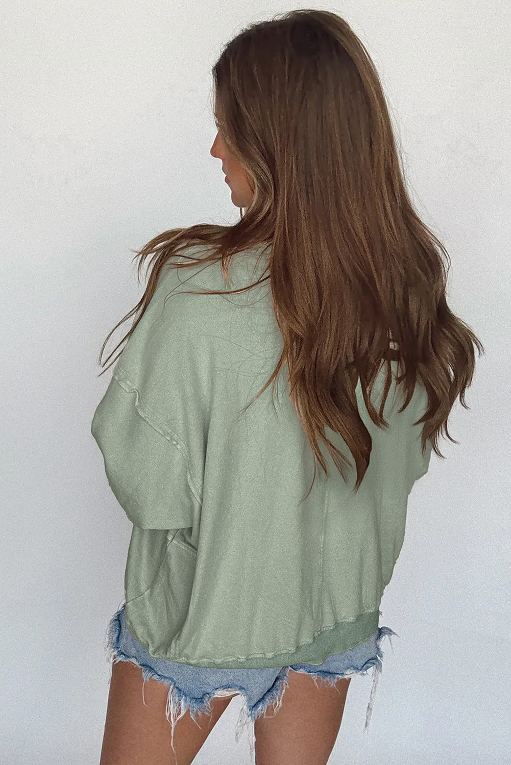 Smoke Green Raw Edge Flower Patch Drop Shoulder Long Sleeve Top Smoke Green 75%Polyester+20%Cotton+5%Elastane 2b47ac8176e84fa3