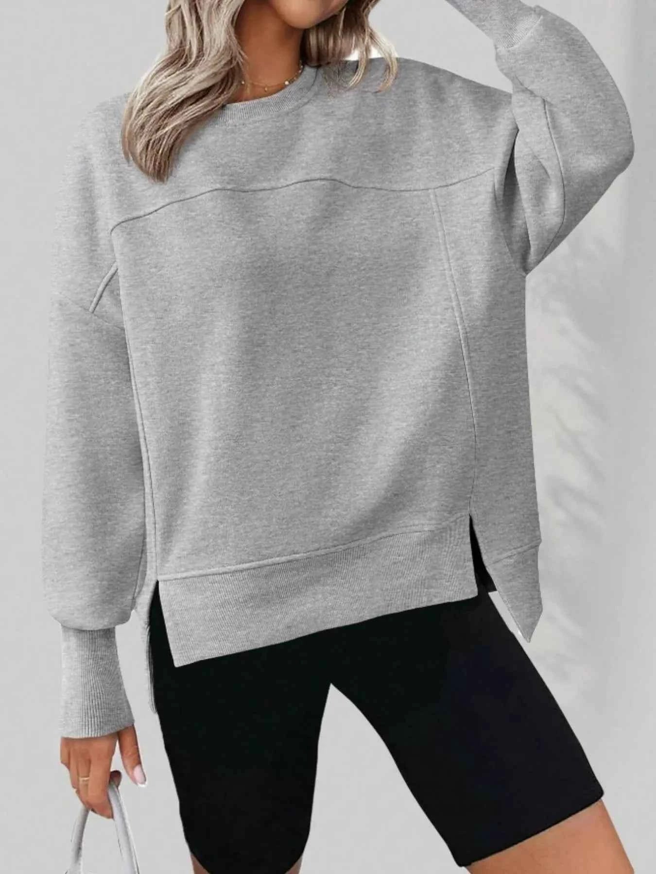 Slit Round Neck Dropped Shoulder Sweatshirt Grey 2b53ef22ccb542269554b92564048411-Max-Origin