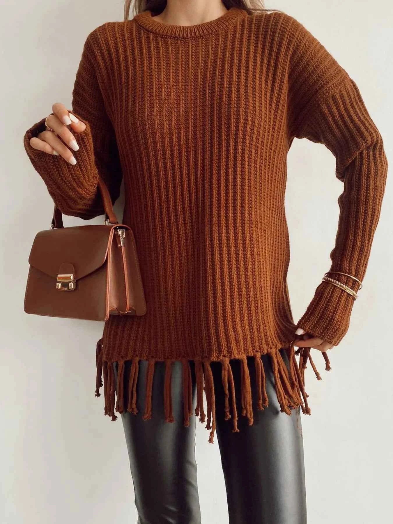 Fringe Round Neck Long Sleeve Sweater 2b550d21d1874f3c99e1d7f52f119169-Max-Origin