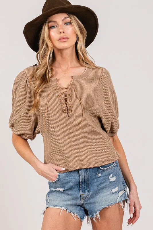 SAGE+FIG Lace-Up Waffle Knit Crop Top Camel 2b5a3fd8-b7de-4261-8a89-b1d92701af34-Max