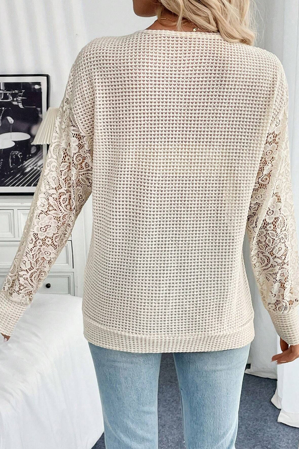 Beige Waffle V Neck Patchwork Lace Sheer Long Sleeve Top 2b5b8d428be2668d